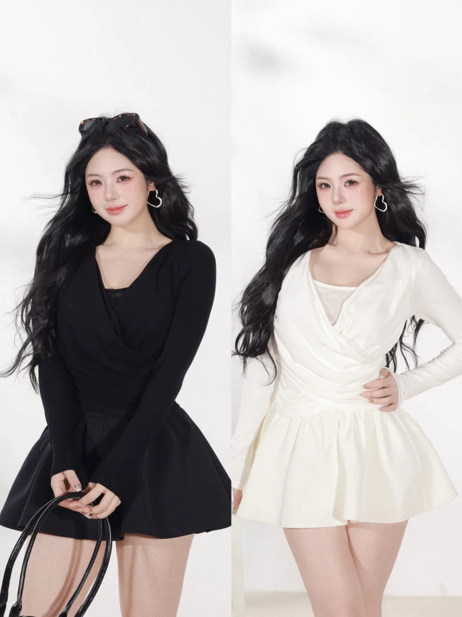 

Модный зимний комплект: топ с эффектом двухслойности и юбка-миди с длинными рукавами, высокоэластичный, универсальный, в стиле Cute Face Hero Spring Pure Desire