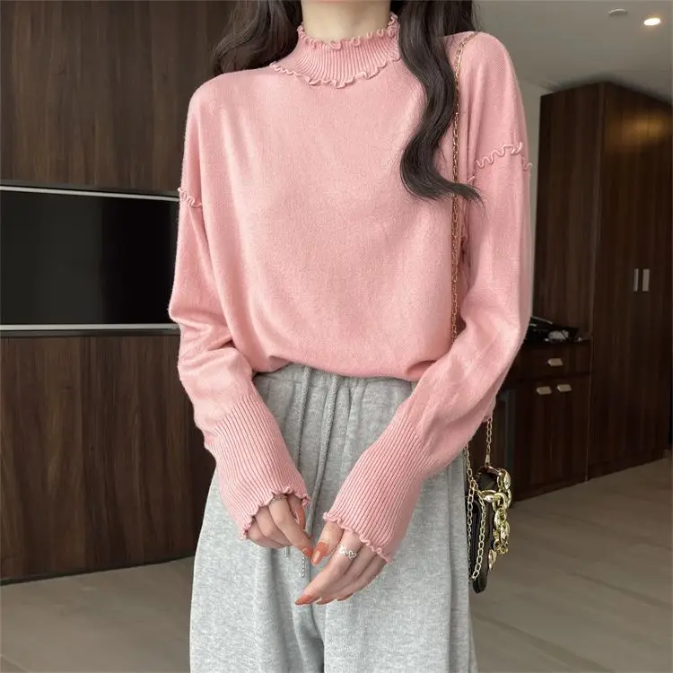 2023 Autumn/Winter Coat Overlay Top Foreign Style Slim Fit White Ear Edge Half High Collar Knitted Bottom Top