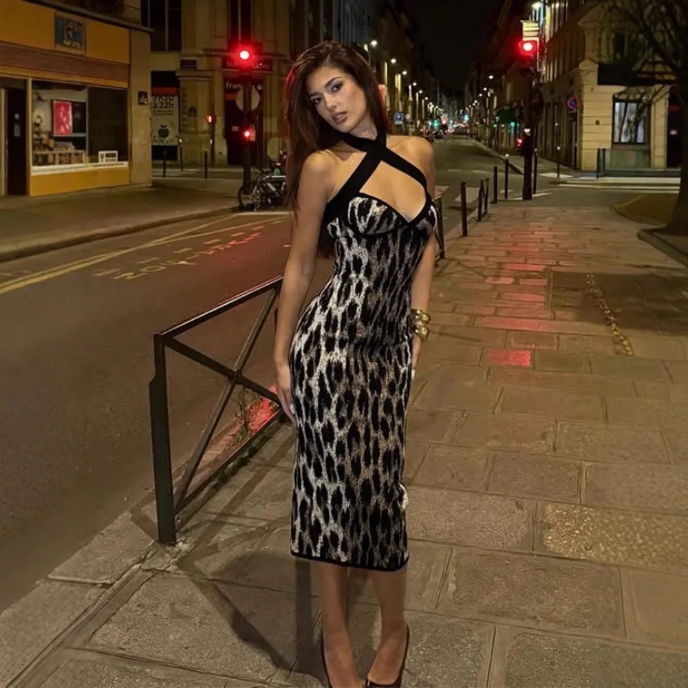 Leopard Print Halter Neck Bodycon Dress Backless Tight Party Club Night Out Sexy Animal Print Midi Cocktail Gown