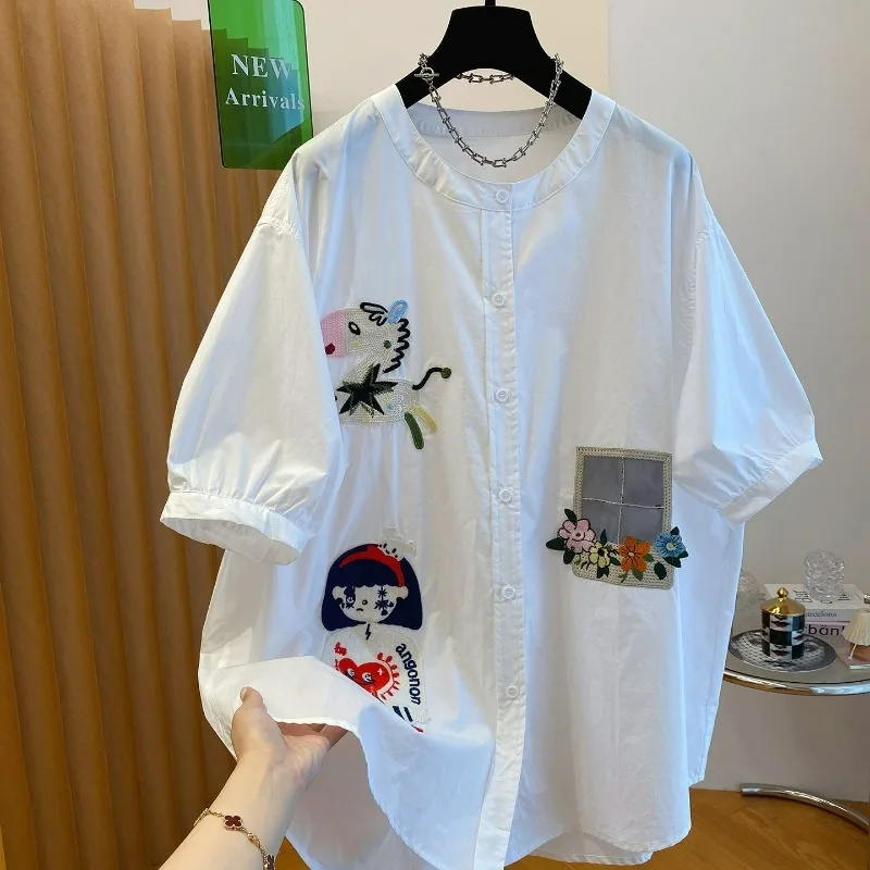 

Лето 2022, новая свободная белая рубашка в китайском стиле с короткими рукавами, женский свободный однобортный универсальный топ с вышивкой