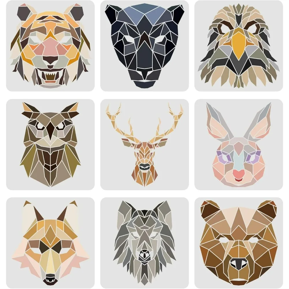 9pcs Animals Head Stencils Template 11.8x11.8inch Plastic Geometric Lion Tiger Wolf Bear Painting Stencils Owl Deer Rabbit Fox