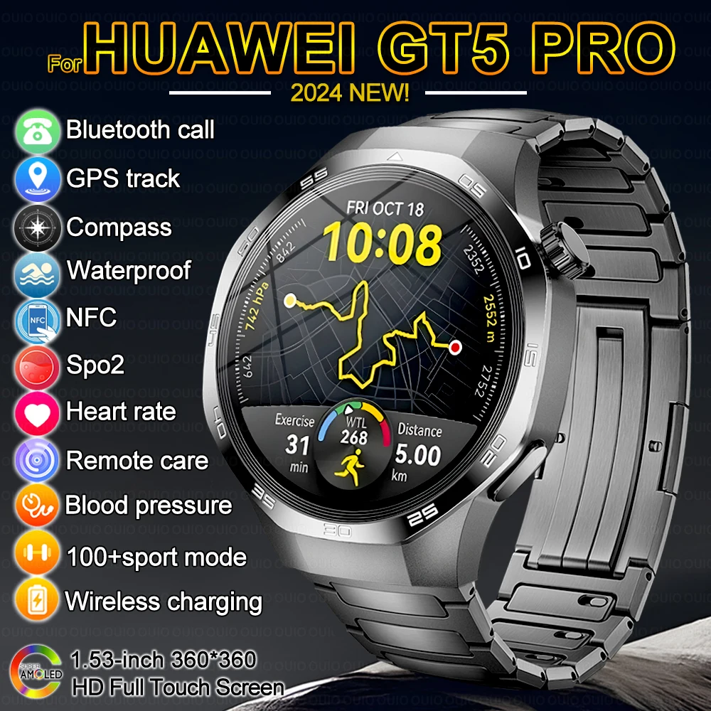 New GT5 PRO Smart Watch Men Watch 5 Pro AMOLED HD Screen Bluetooth Call GPS Trajectory NFC Heart Rate Compass SmartWatches 2024