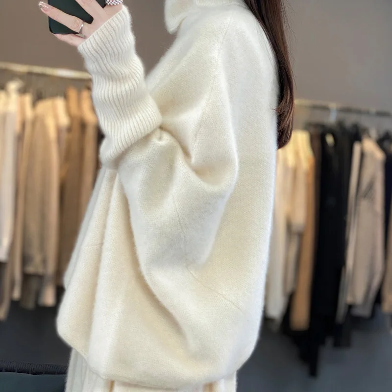 Women\'s High Neck Long Sleeve Knitted Sweater, 100% Wool, Loose Pullover, Casual Top, Short, Autumn and Winter, Hot Selling, New