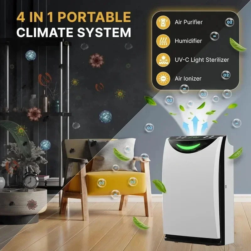 Purificateurs d'air-Humidificateur 4 en 1 et supporter ficateur d'air en un, lumière UV-C et ioniseur-Filtre à air ultra silencieux avec H13 HEPA