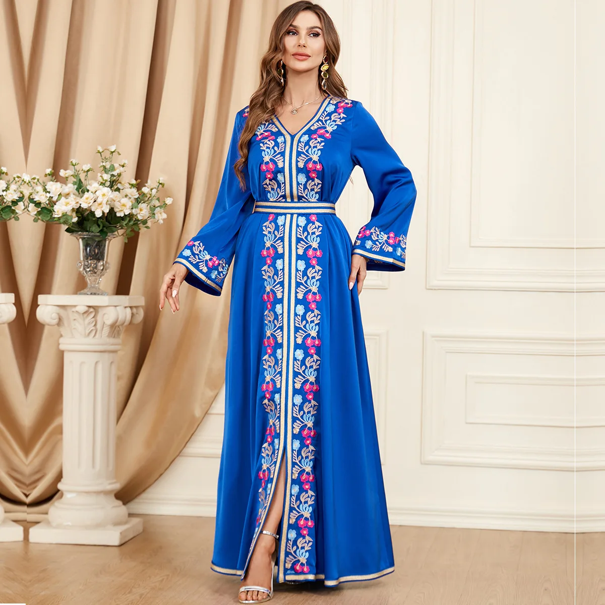 Blue Long Appliques Women Evening Dress Elegant Customized Charming V Neck A Line Dubai Robe Party Prom Gown With Belt 3398