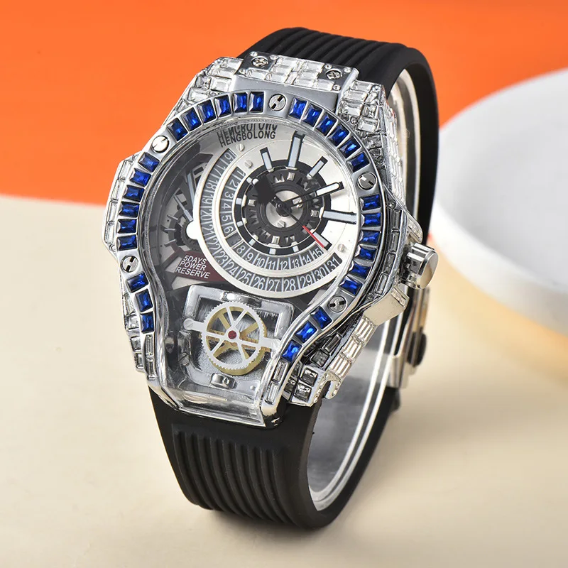 Men\'s three-hand quartz watch fashion sporty special-shaped blue full diamond watch