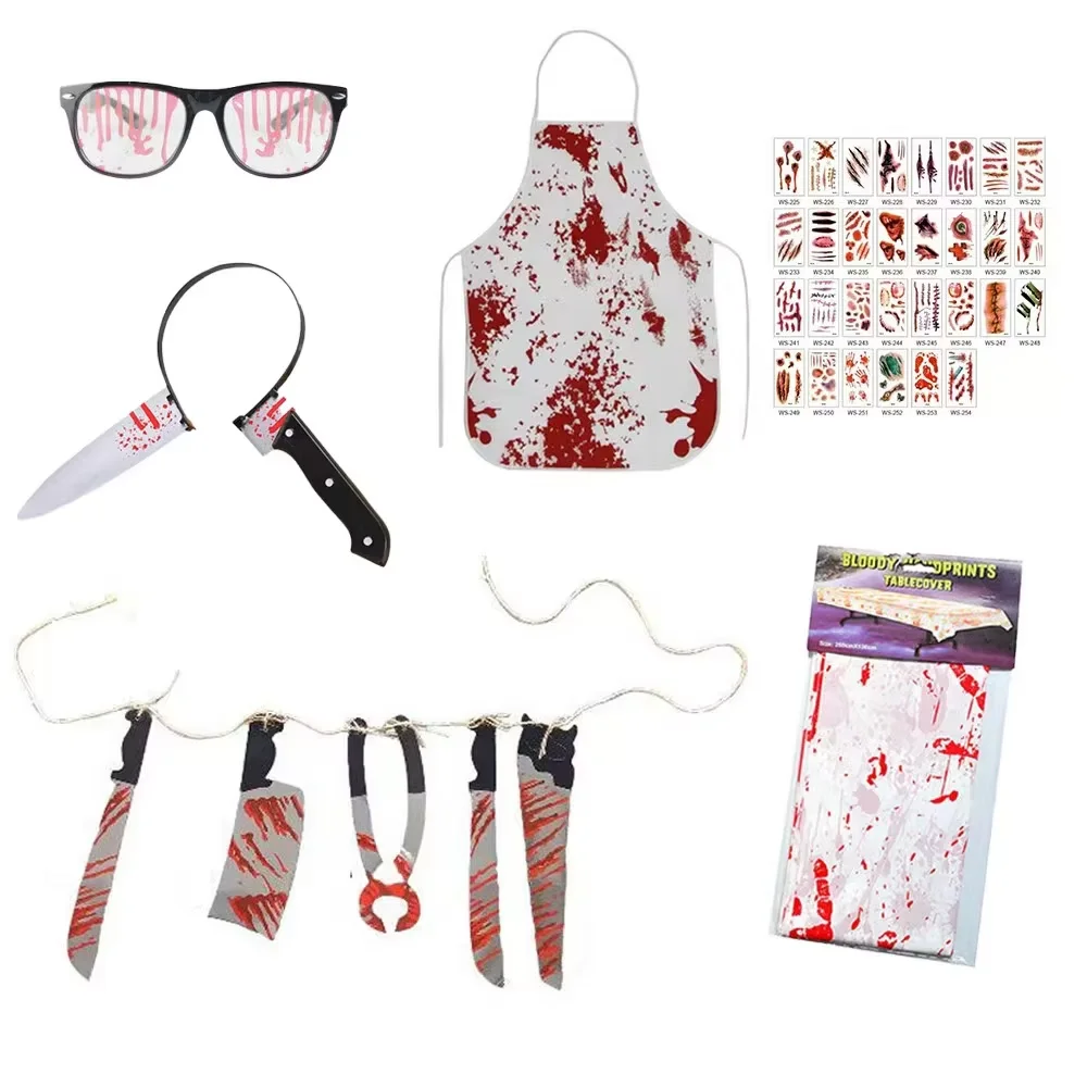 PESENAR nouveau tablier sanglant d'halloween adulte boucher sanglant jeu de rôle Halloween horreur habiller + boucher ensemble de Six pièces