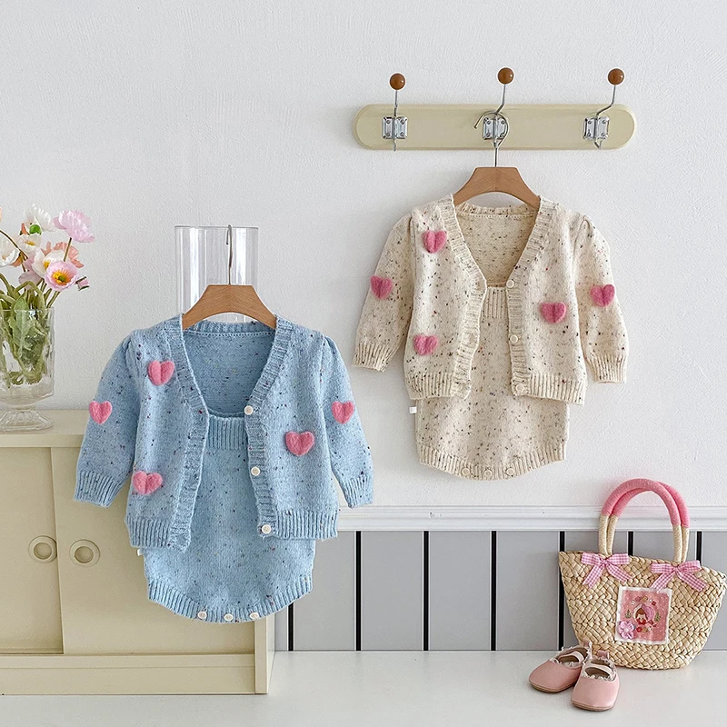 MILANCEL 2024 Autumn Baby Knitted Clothes 0-2Y Infant Girls Suspenders Bodysuit Infant One Piece Matching Heart V-Neck Sweater