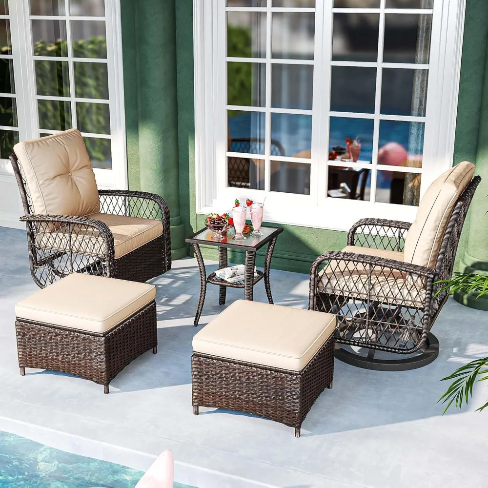 Ensemble de meubles de Patio 5 pièces, planeurs pivotants d'extérieur en rotin et osier avec 2 poufs, ensemble de bistro de Patio à bascule avec chaises à bascule et