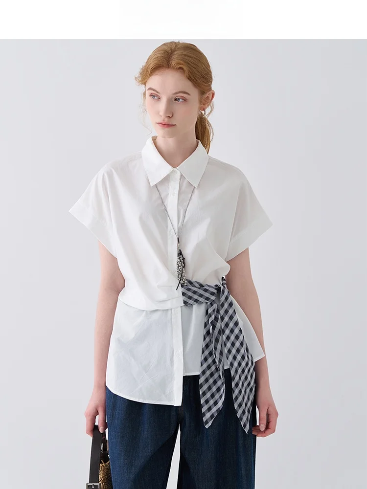 

Белая асимметричная женская рубашка с поясом, летняя коллекция 2026, новая универсальная повседневная свободная рубашка с коротким рукавом и воротником