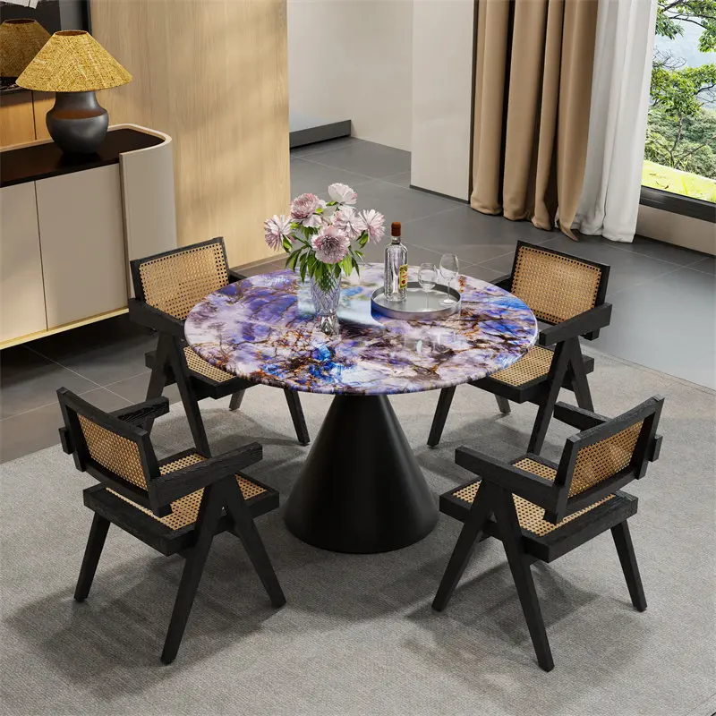 Round dining table microcrystalline stone rock slab pure white living room light luxury high-end sense super crystal simple smal