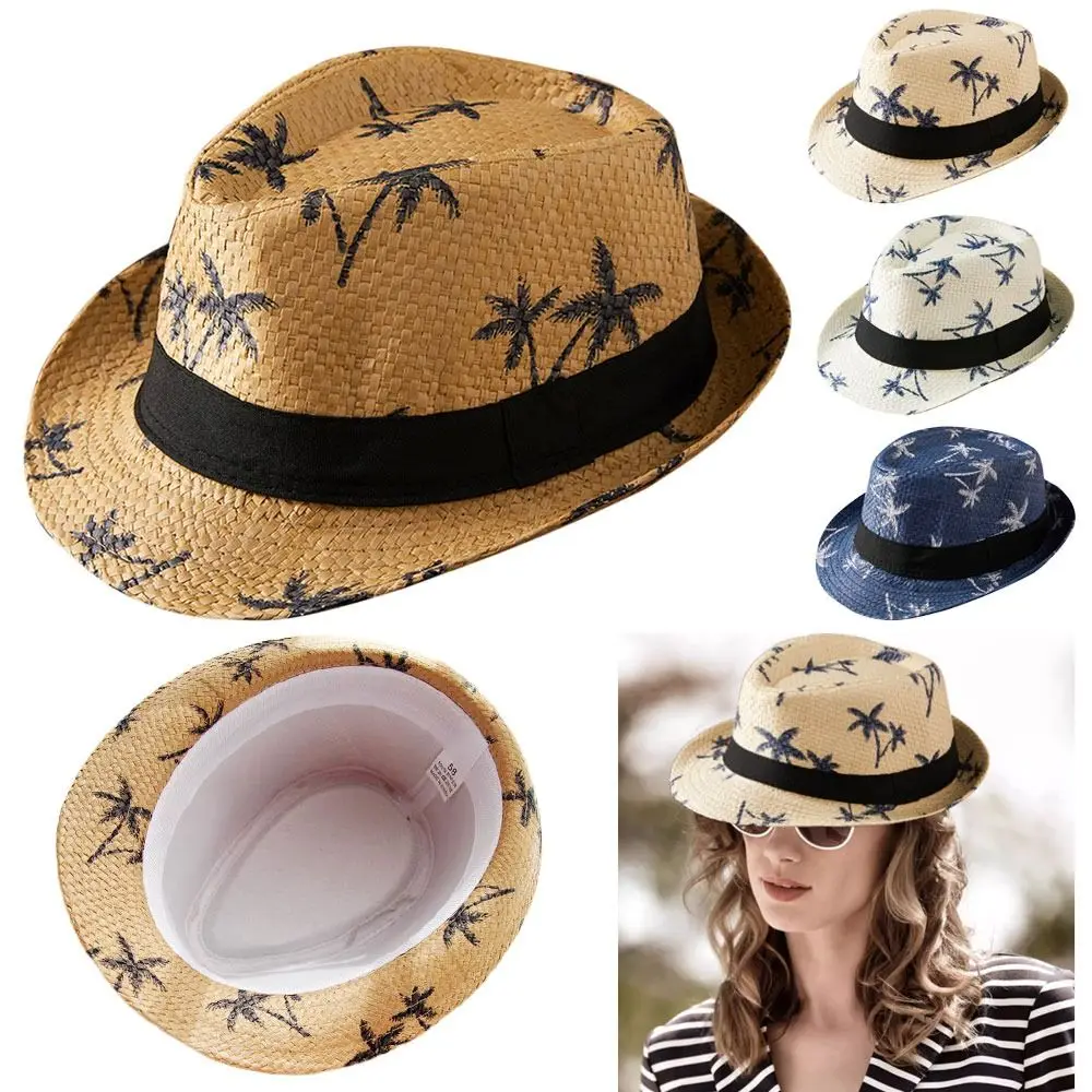 Summer Coconut Trees Pattern Straw Hat UV Protection Wide Brim Jazz Hat Breathable Casual Beach Cap Men Women