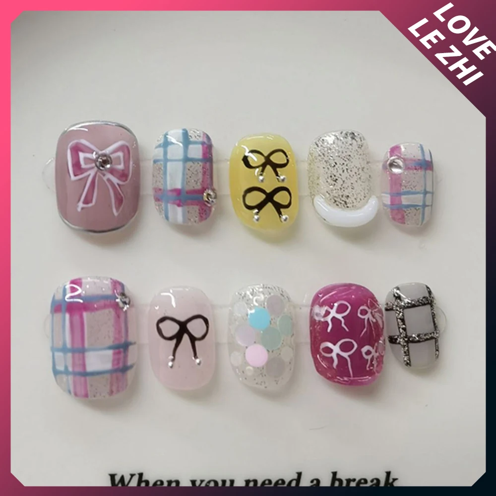 10 Uds. De uñas postizas redondas y cuadradas cortas y bonitas hechas a mano, uñas postizas reutilizables con dibujos de perros y gatos pintadas a mano con lazo, perlas, pan y patatas