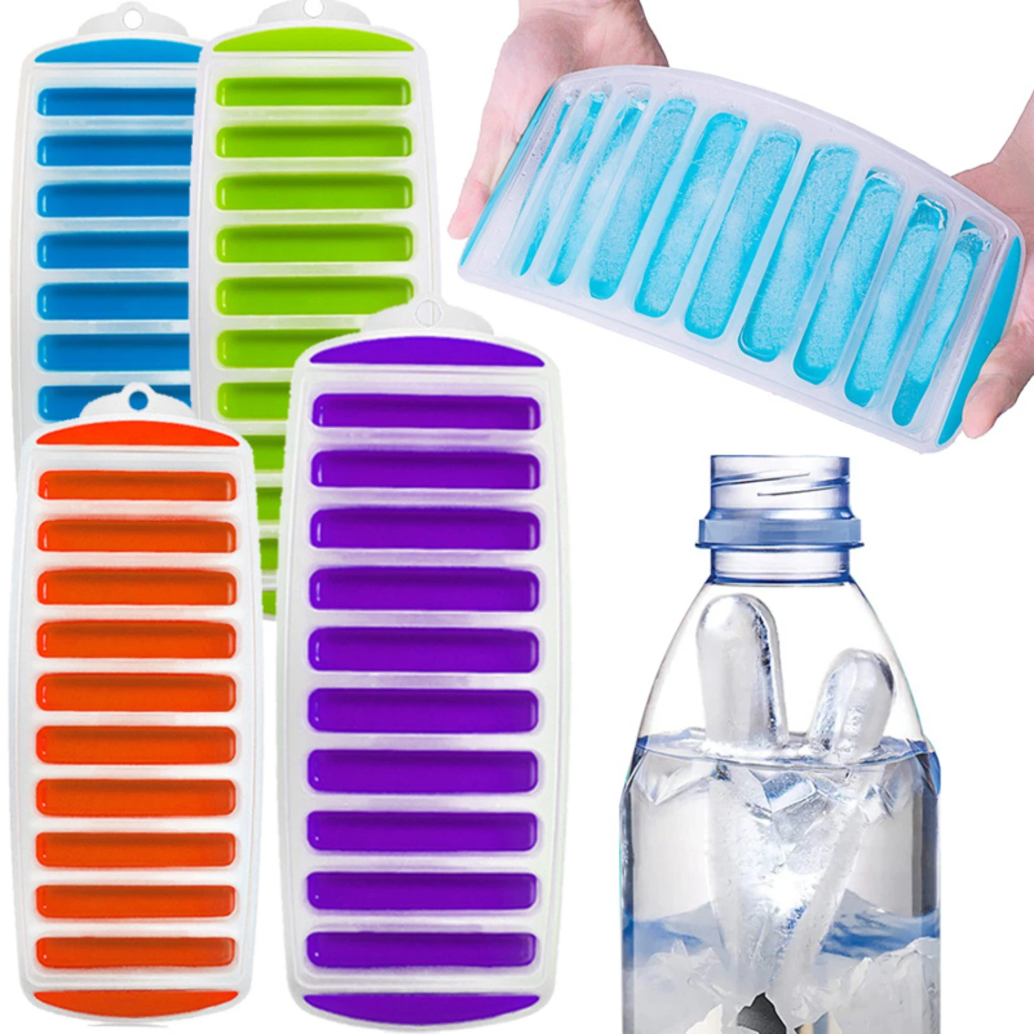 

1pc Silicone Ice Cube Tray With Lid Long Strip 10 Grid Cylindrical Ice Tray Ice Making Mold Water Bottle Ice Cube Tray For Freez