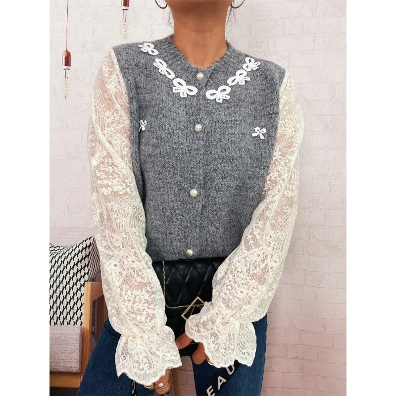 Autumn and Winter Elegant Commuting Lace Sleeve Spliced Bow Knitted Button Sweater Cardigan