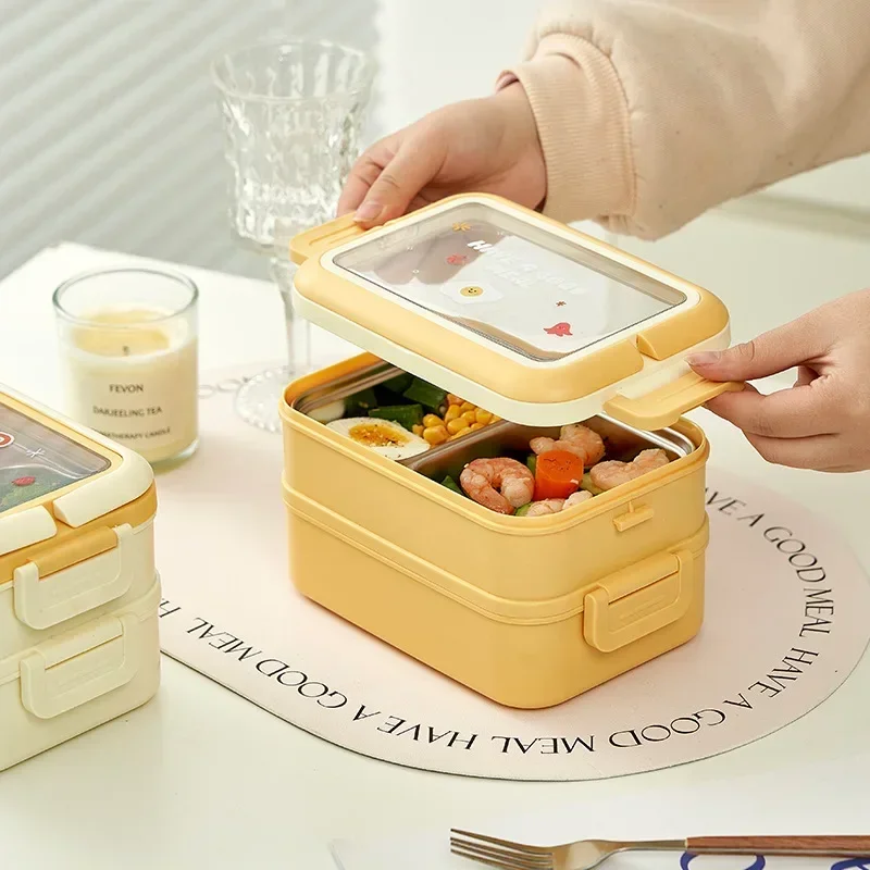 Cute Double-layer Lunch Box Stainless Steel Thermal Insulation Lunch Box with Handle Sealed Leak Proof Outdoor Picnic Bento Box