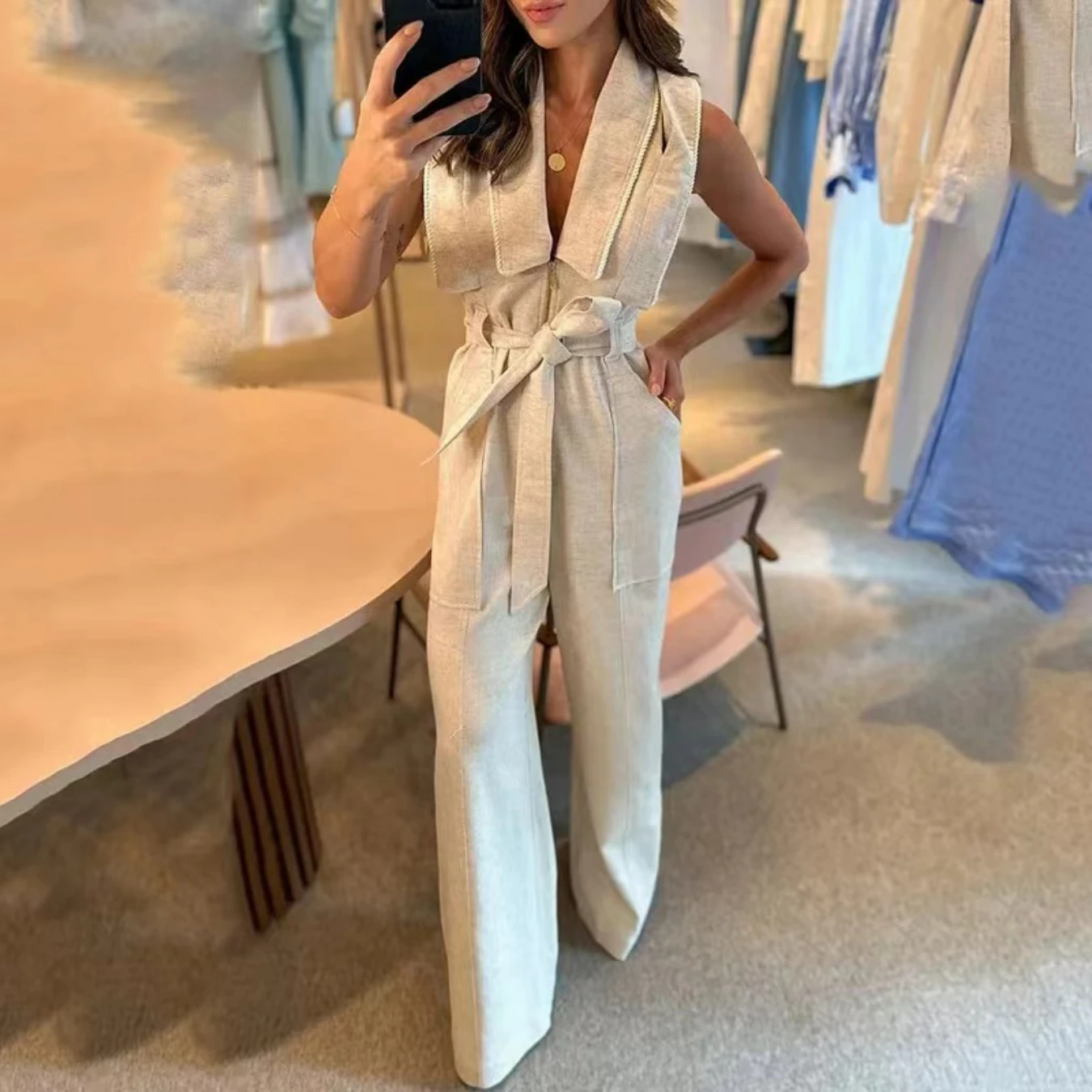 Spring New Fashion Polo Collar Waist Solid Color Wide Leg Jumpsuit Women