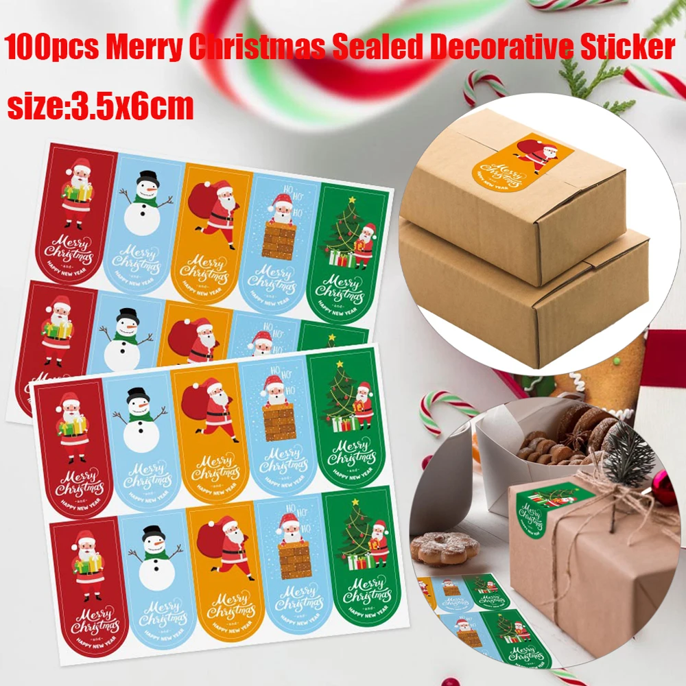 

50-100Pcs Merry Christmas Stickers 5 Style Animals Snowman Trees Decorative Stickers for Small Business Wrapping Gift Box Labels