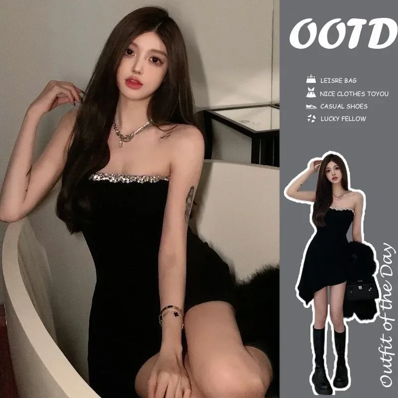 Shiny Water Diamond One Shoulder Hepburn Style Mini Dress Irregular Black Little Dress Elegant Design for Women
