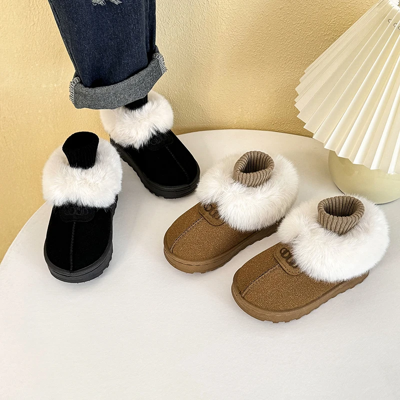 

Children's Snow Boots 3-18 Years Old Camel-colored Padded Thickened Boys Girls Fur Shoes Winter Hundred Soft Kids Short Boots