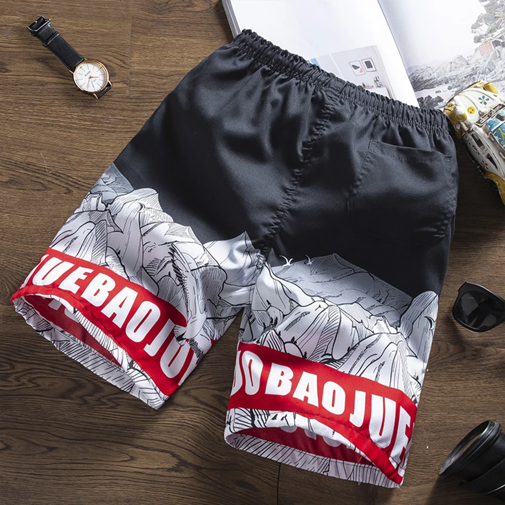 Men Beach Shorts Quick-dry Words Printing Pattern Loose Casual Oversize Boxer Shorts