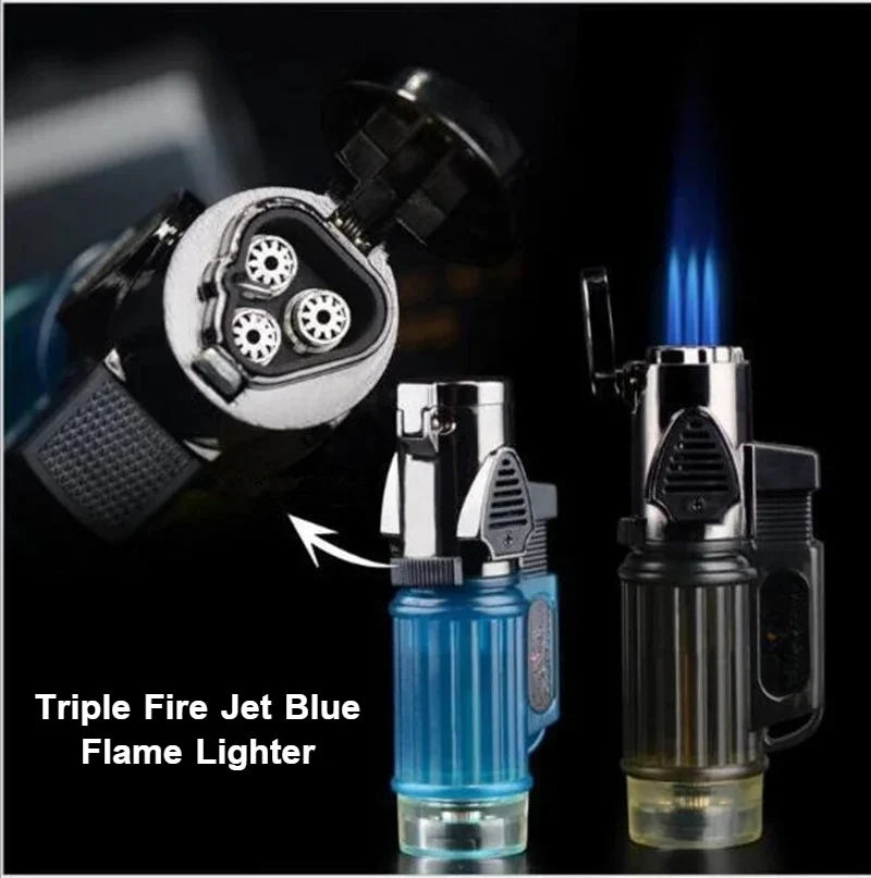 New Three Flame Metal Windproof Blue Flame Lighter 1300 ℃ High Temperature Intense Fire Outdoor Barbecue Portable Spray Gun