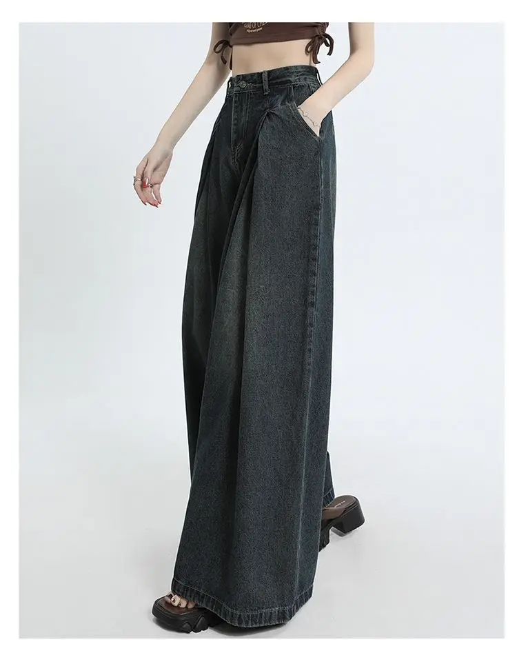 2024 Spring/Summer High Waist Folded Draping Loose Wide Legs Slim Retro Washed and Worn Down Denim Pants