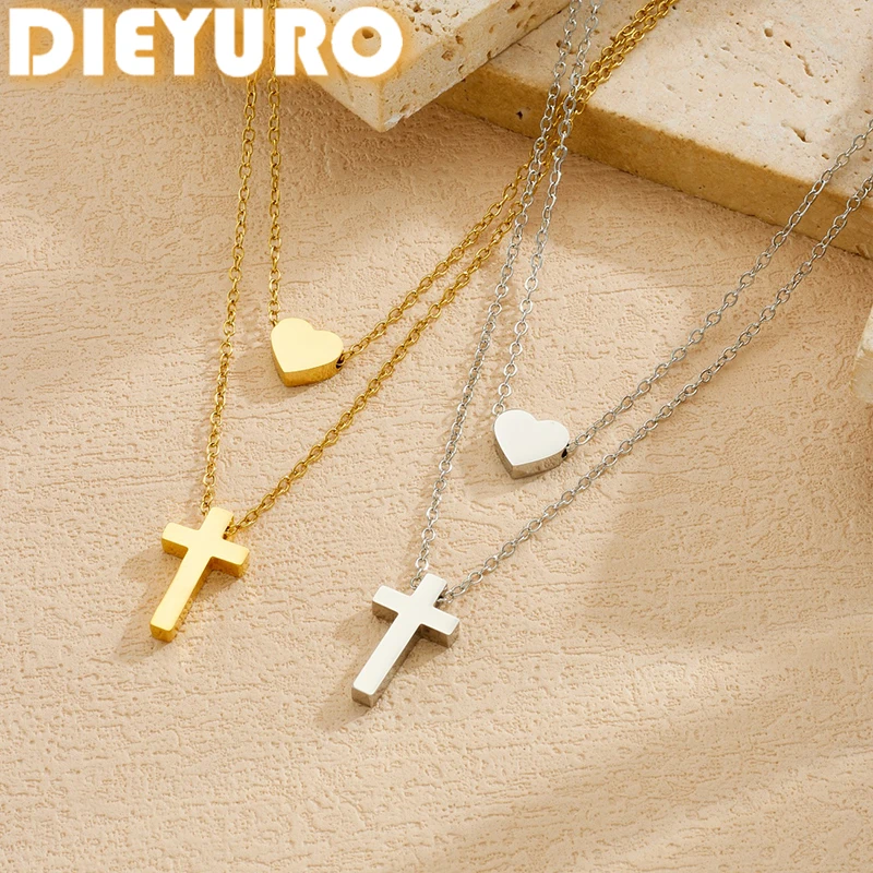 DIEYURO 316L Stainless Steel Golden Glossy Surface Heart Cross Pendant Double-layer Necklace Women Waterproof Fashion Jewelry