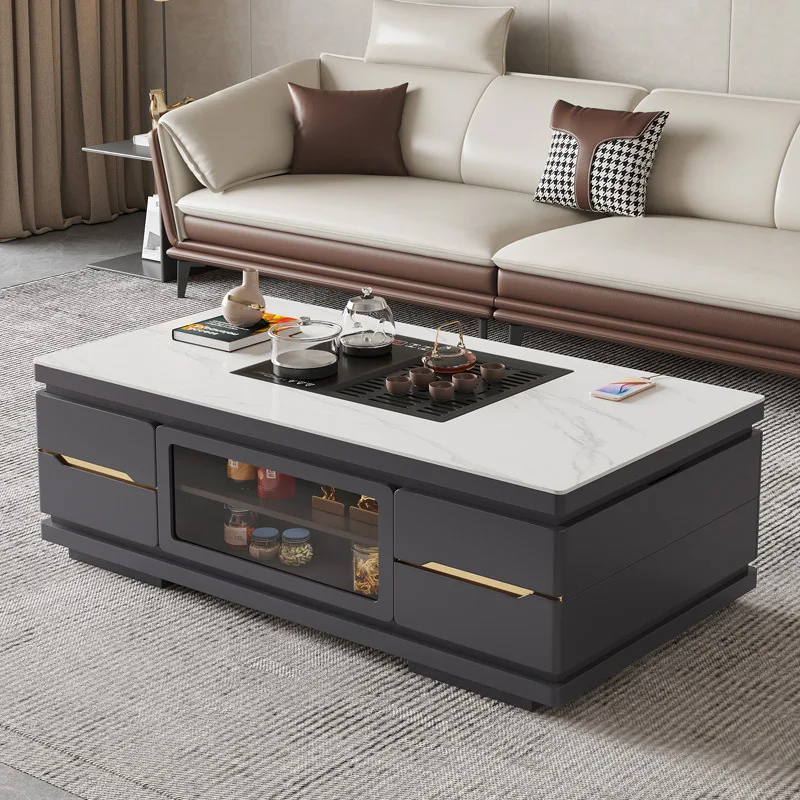 

Rock slab lifting Kung Fu tea table living room household small apartment smart tea table TV cabinet voice solid wood dual-