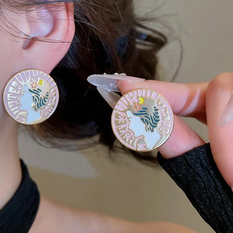 

Minar Unique Design Pink Enamel Queen Portrait Big Round Coin Medallion Dangle Earrings for Women 14K Real Gold Plated Copper