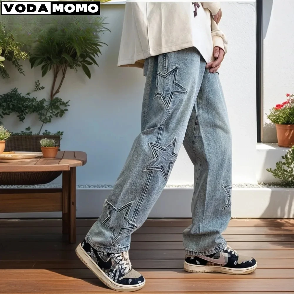 Men's jeans high quality men clothing five-star patch embroidered ripped jeans men pants casual denim loose straight trousers