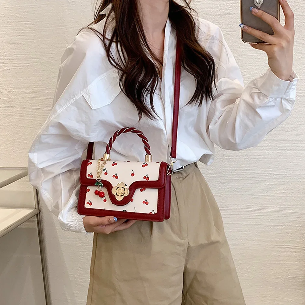 2024 Newest Cherry Pattern Small Square Bags PU Leather Fashion Crossbody Bag Luxury Brand Women\'s Handbag Sweet Top-Handle Bags