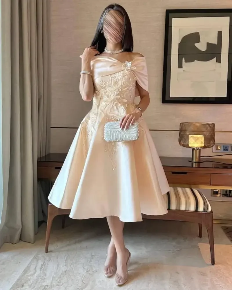 

Arabia Champagne Off-Shoulder Satin Embroidered Bow Tea Length Gowns Luxury Formal Prom Gala Upscale Party Evening Dresses