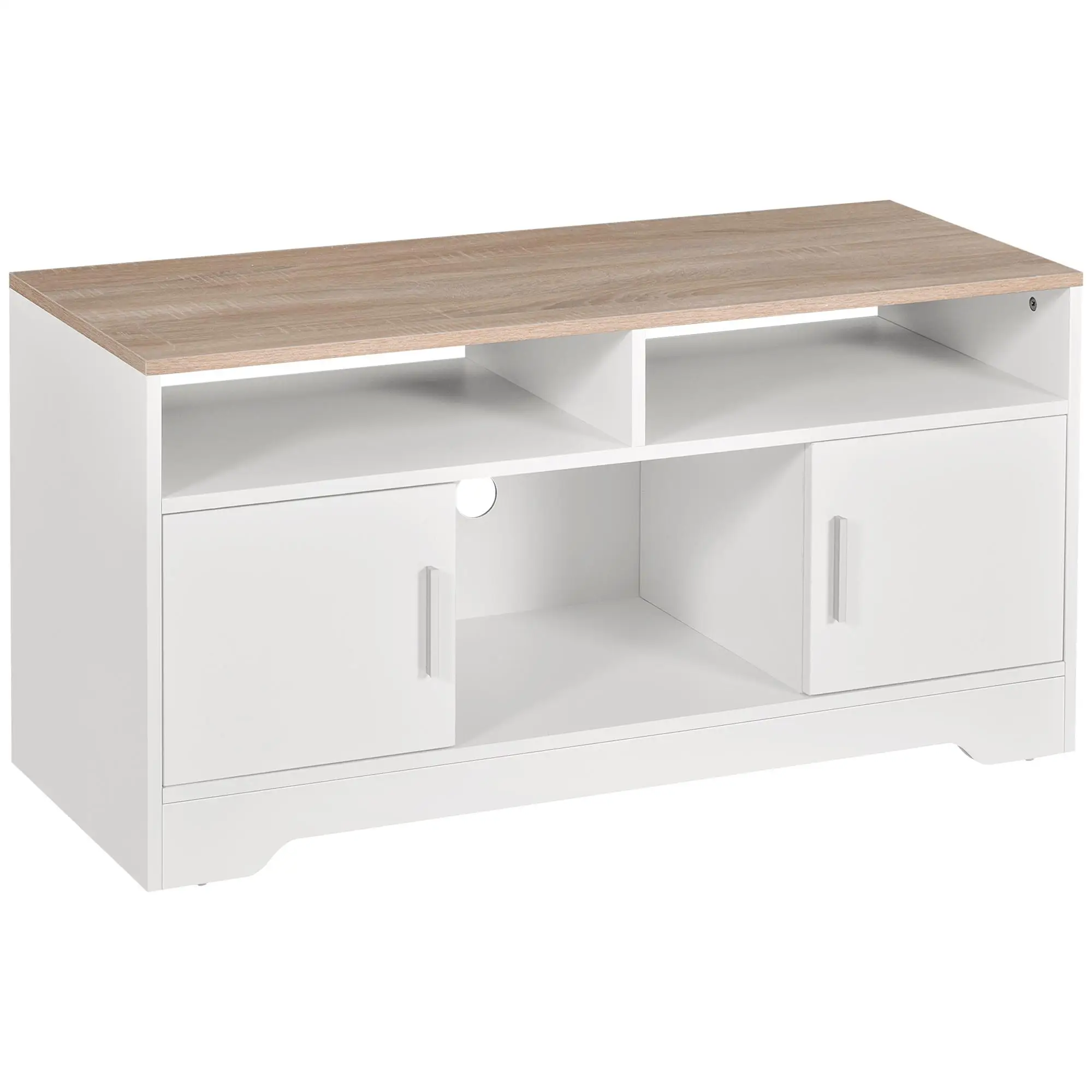 Meuble TV avec 3 compartiments ouverts et 2 armoires, 105x40x52cm, blanc effet bois