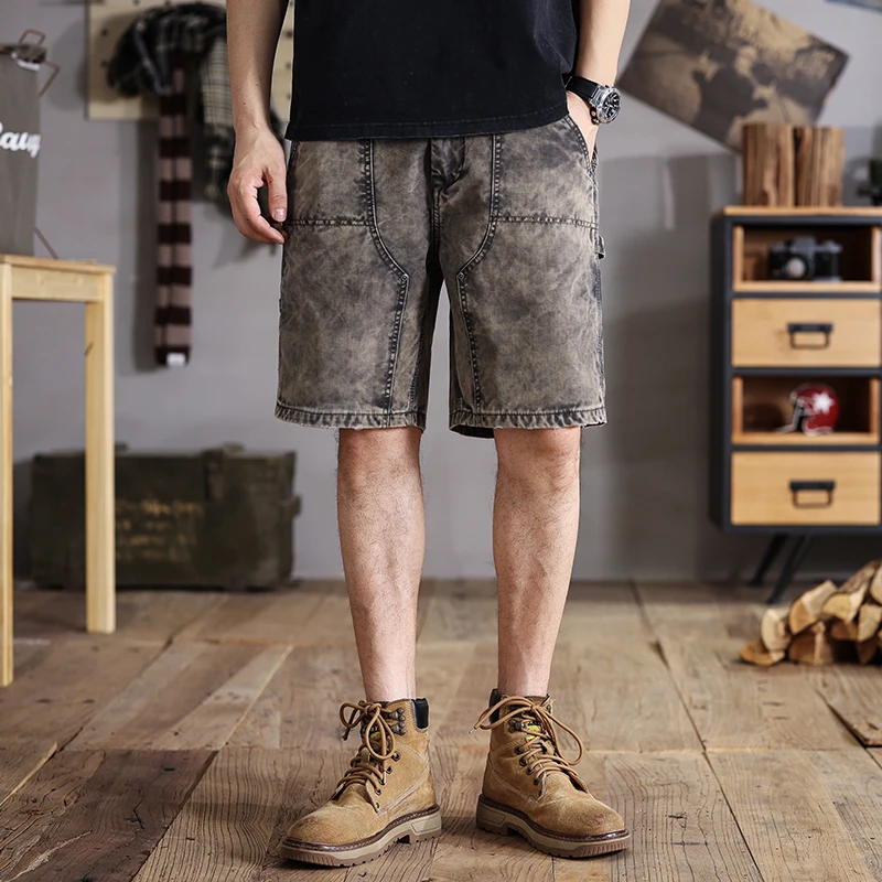 Summer new American retro workwear men's denim shorts men ins tide straight in pants outdoor biker five points casual pants