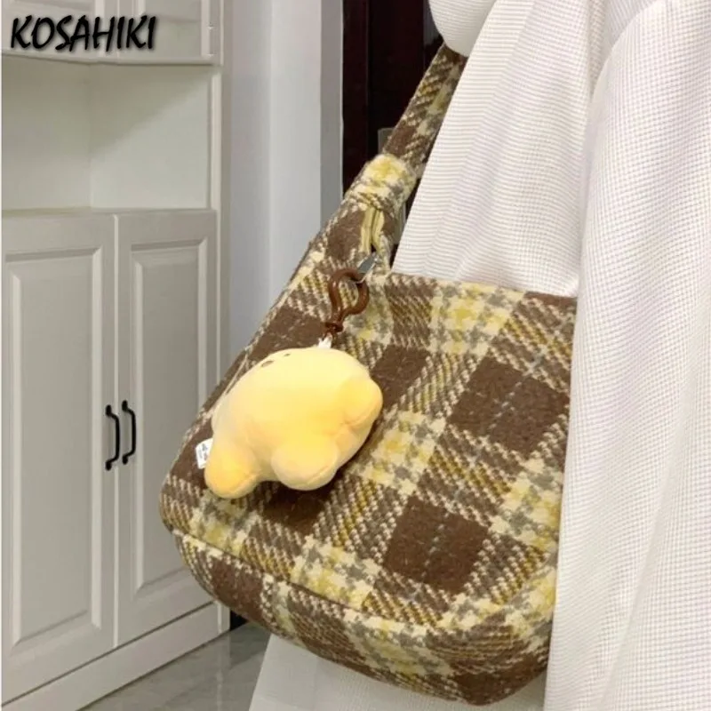 Vintage Y2k Aesthetic Plaid Shoulder Bag Japanese Women Trendy All Match Handbags Streetwear Casual Fashion Chic Crossbody Bags