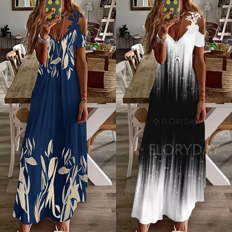 

Summer 2022 Independent Station Printed V-neck Lace Over Shoulder Short Sleeve Super Long Dress