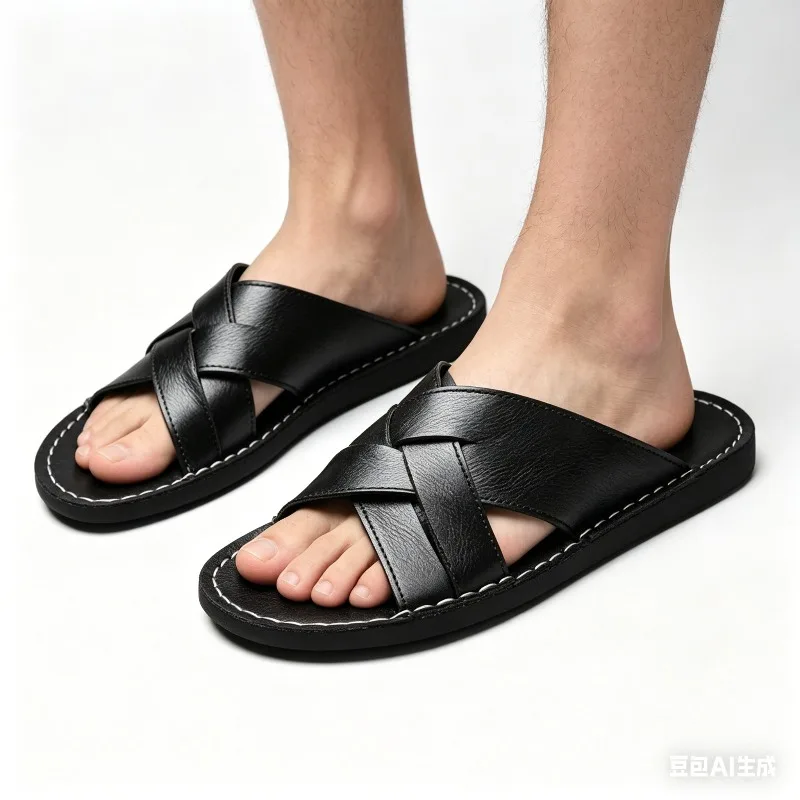 

Handmade Leather Slippers for Men 2026 New Beach Summer Walking Shoes Slip on Light Male Flats Men Flip-flops Outdoor Half Drag