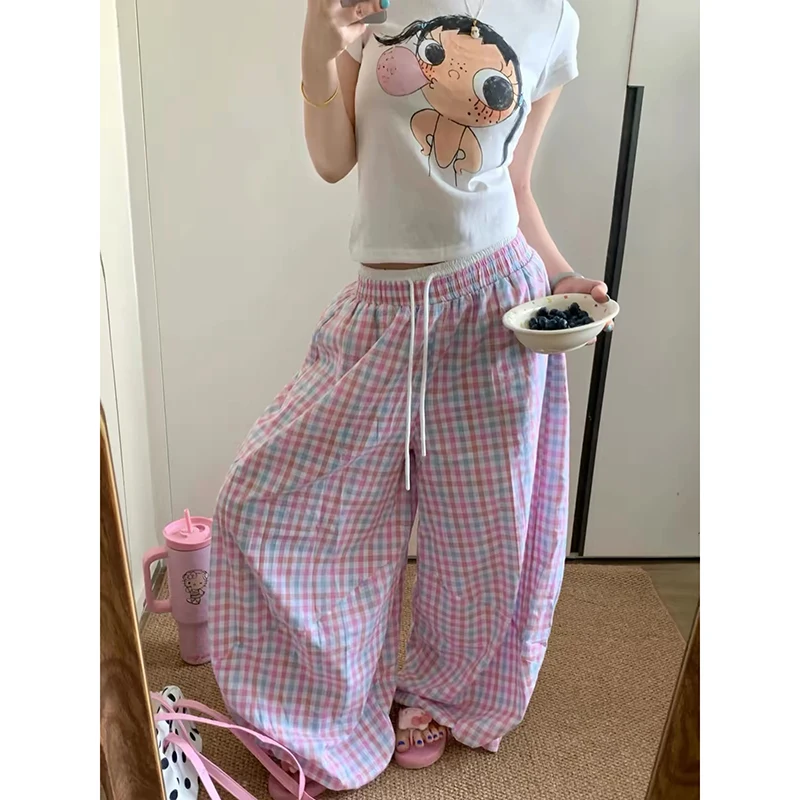 ZHIZOU Women Pink Oversize Plaid Pants Harajuku Baggy Sweatpants 2000s Y2k Vintage Streetwear Japanese Trousers Autumn Clothes