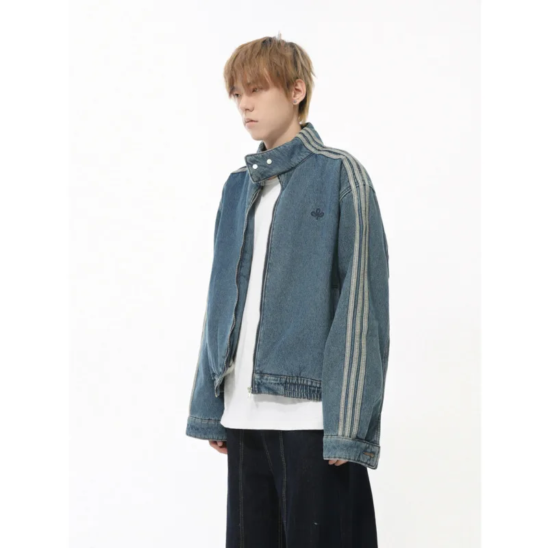 [OIMG] 2025 Autumn New Product American Stand up Collar Side Stripes with Velvet Zipper Denim Jacket