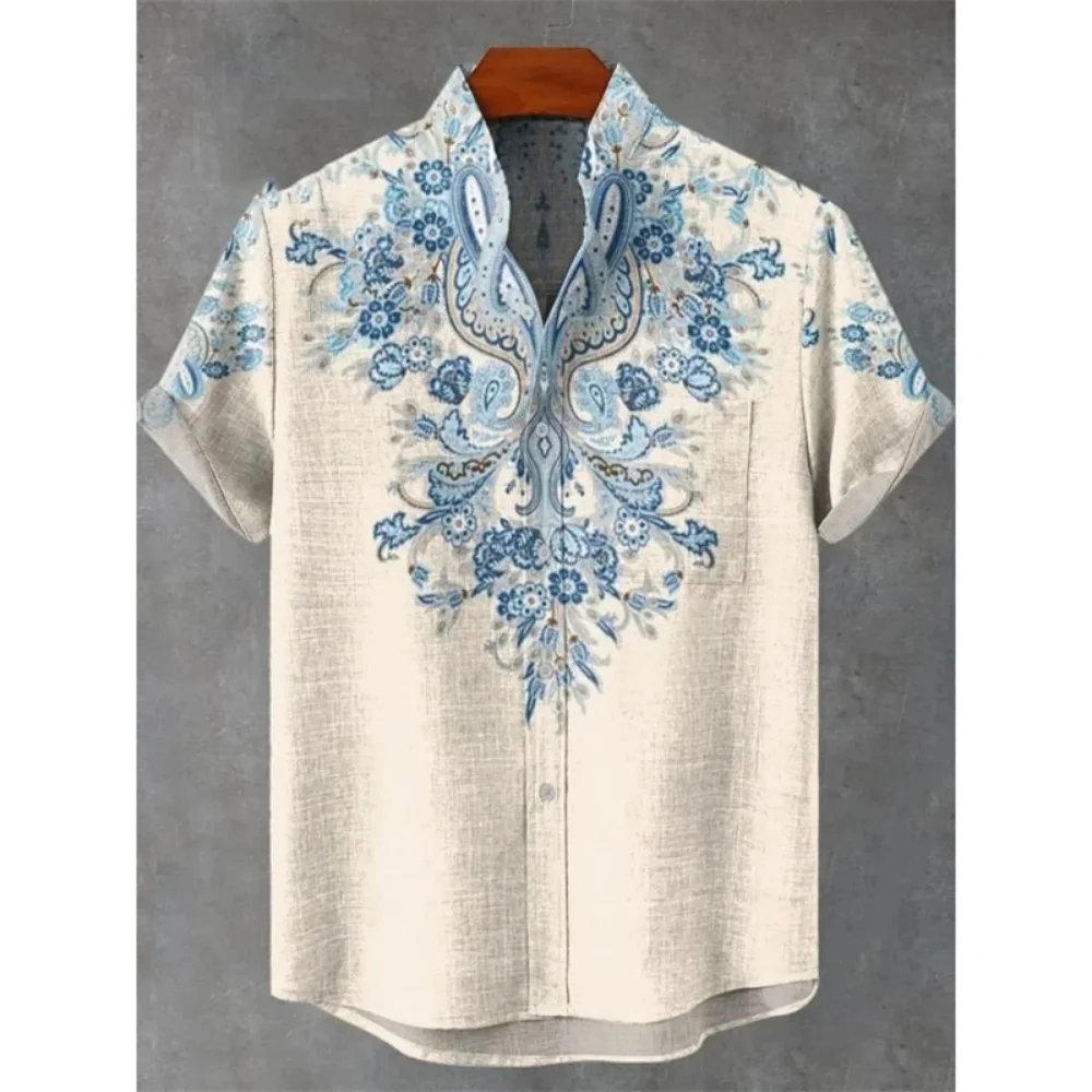 Men's Summer Shirt, Fashionable Stand-Up Collar Short-Sleeved Cardigan, Ethnic Tribal Printed Pocket, Linen Breathable Men's Top