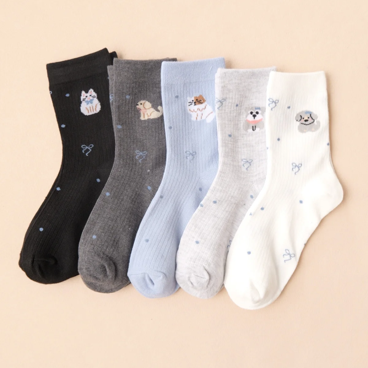 5/10 Pairs of Multi-Colored Women's Mid-Calf Socks, Sweet Blue Cat Design, Knitted Student Slouch Socks, Cute, Casual, Comfortable, Breathable, Moisture-Wicking, Gentle, Suitable for Spring, Summer, and Autumn