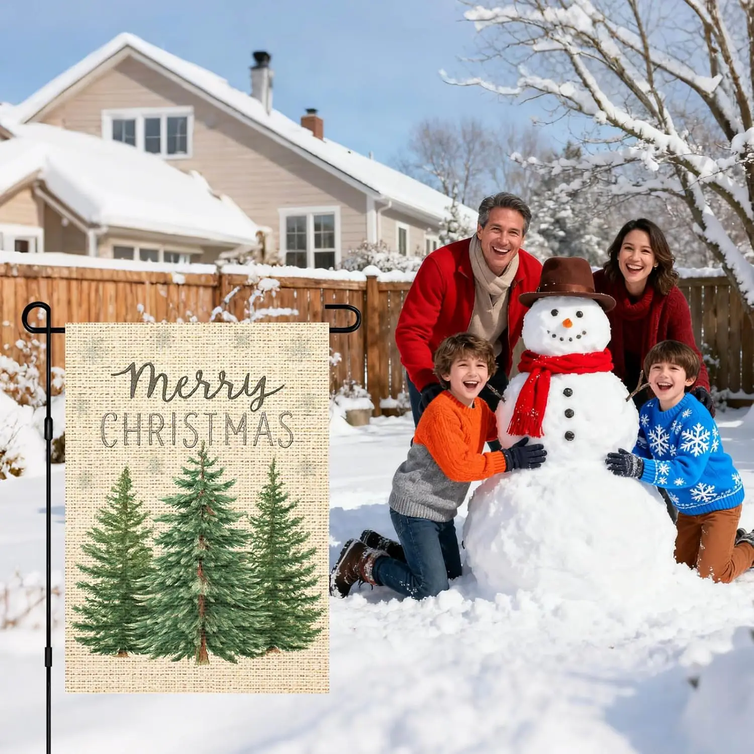IVN Christmas Rustic Pine Tree Trio with Snowflakes and Merry Christmas Text Coarse Linen Garden Flag 12x18inch Linen Double zzo