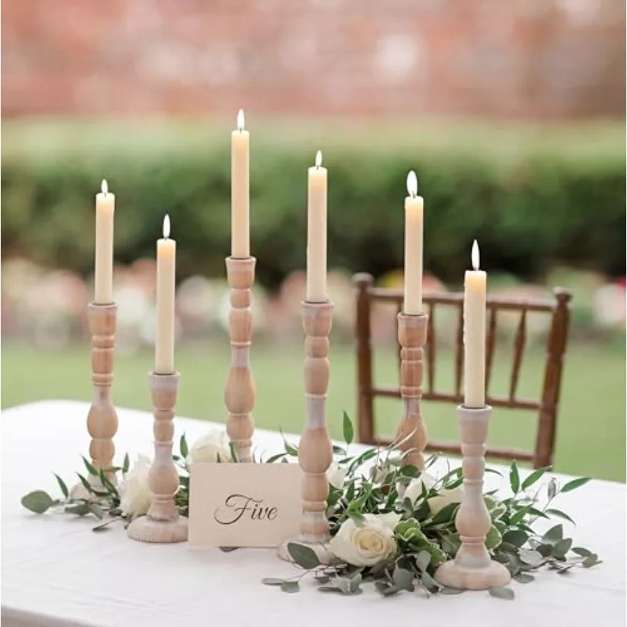 

Taper Candle Holders Boho: Set of 6 Tall Wooden Candlestick Holder for Thanksgiving Table Centerpieces Decoration