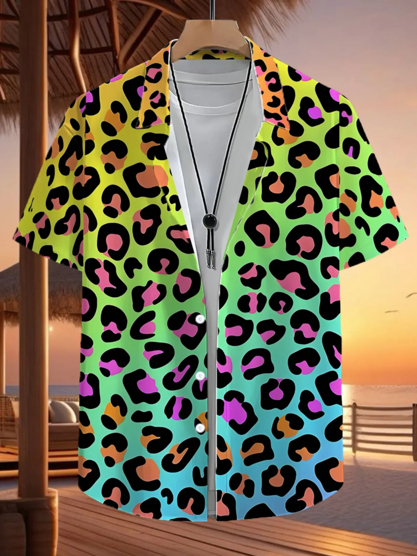 Men's Colorful Gradient Leopard Print Short Sleeve Shirt Casual Hawaiian Button Down Shirts For Men Beach Vacation Party Wear