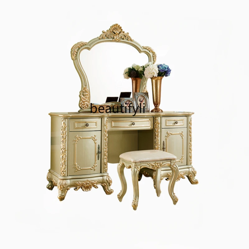 

European-Style Solid Wood Dressing Table French Villa Bedroom High-End Master Carved Makeup Table Large Apartment Dresser Stool