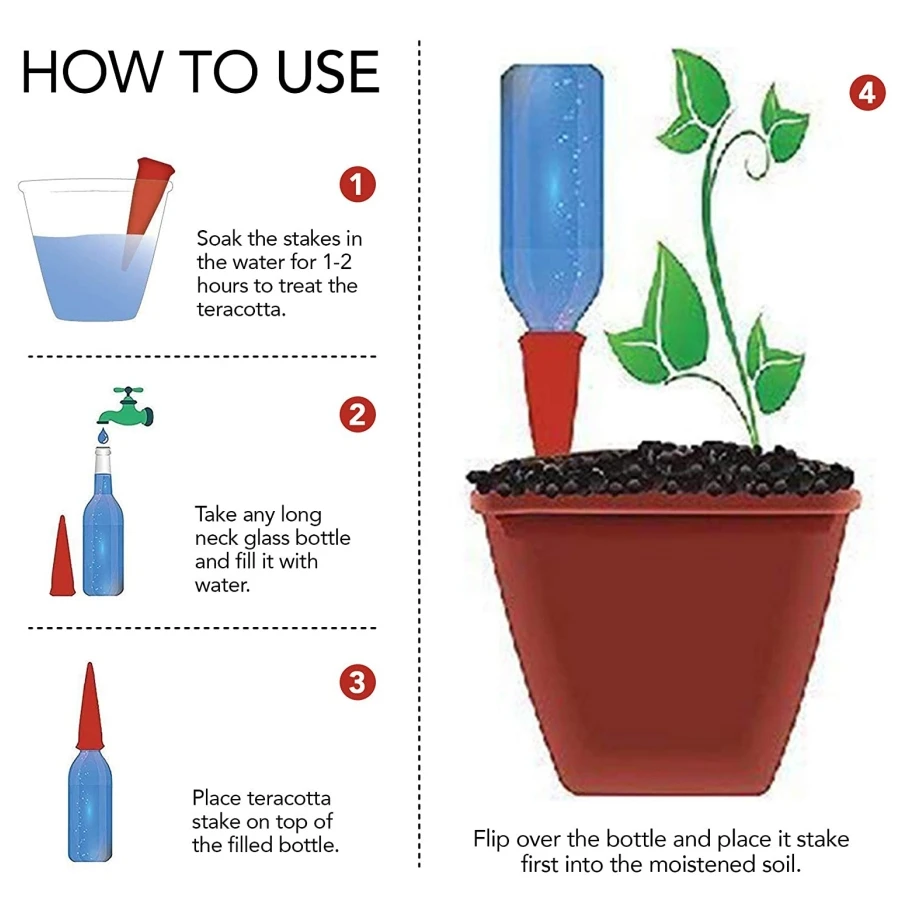 4 szt. Terakotowych kolców do samodzielnego podlewania do domowego ogrodu urządzenie do automatycznego nawadniania narzędzia do nawadniania