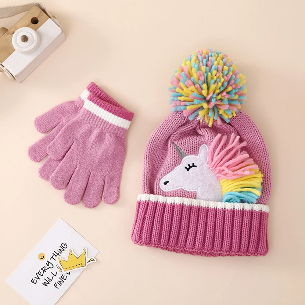 Children\'s Winter Caps Cartoon Unicorn Knitted Hat Gloves Set Winter Girls\' Warm Beanie Mitten Set For Kids 2-6 Years