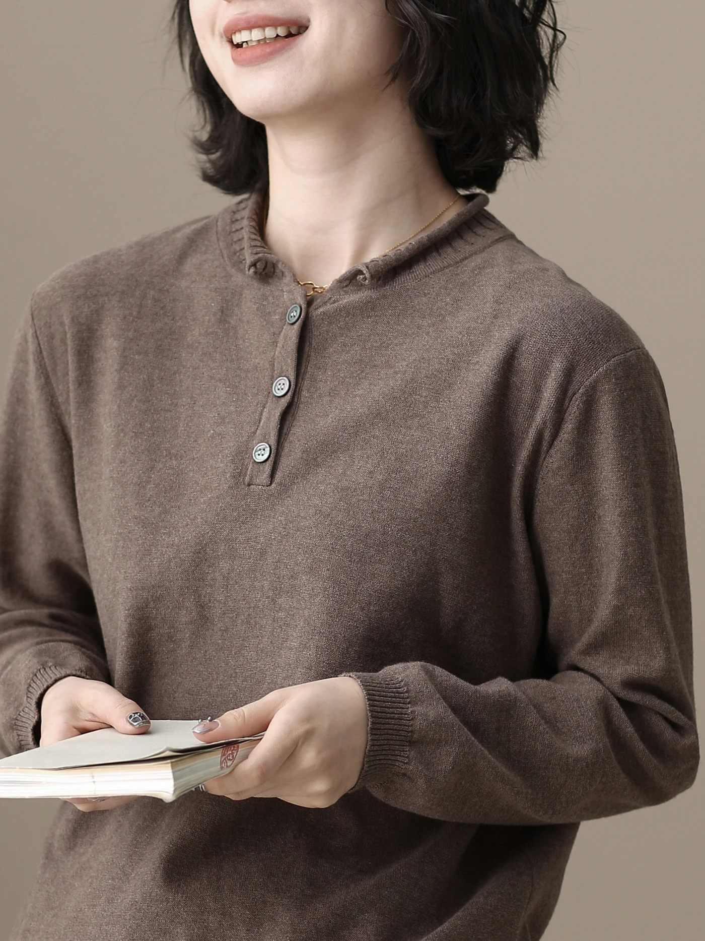 

Pure Cotton Long Sleeve Knitted Sweater Women's Overhead Half Open Collar T-Shirt Base Color Spring Autumn Soft Knitwear