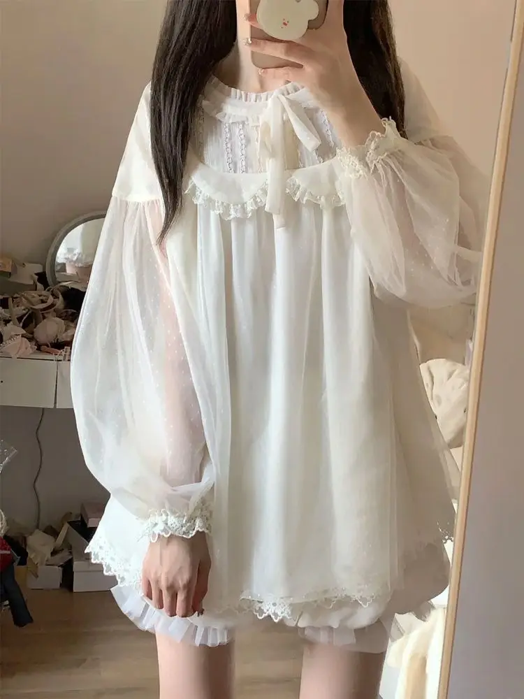 

Japan Double-Layer Yarn Heavy-Duty Polka-Dot Texture Doll-Like Shirt Top + Flower Bud Skirt Suit